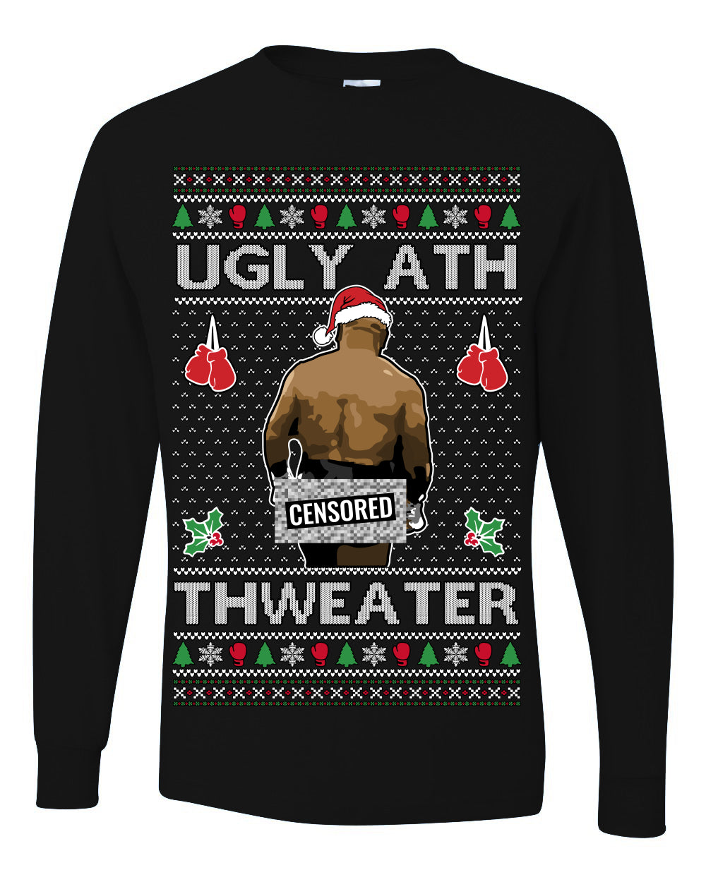Merry Chrithmith Ugly Ath Thweater Censored, Funny Mike Tyson Viral Kiss My Ass Boxing Fight Meme, Men Women Ugly Christmas Sweater Ugly Christmas Mens Long Sleeve Shirt