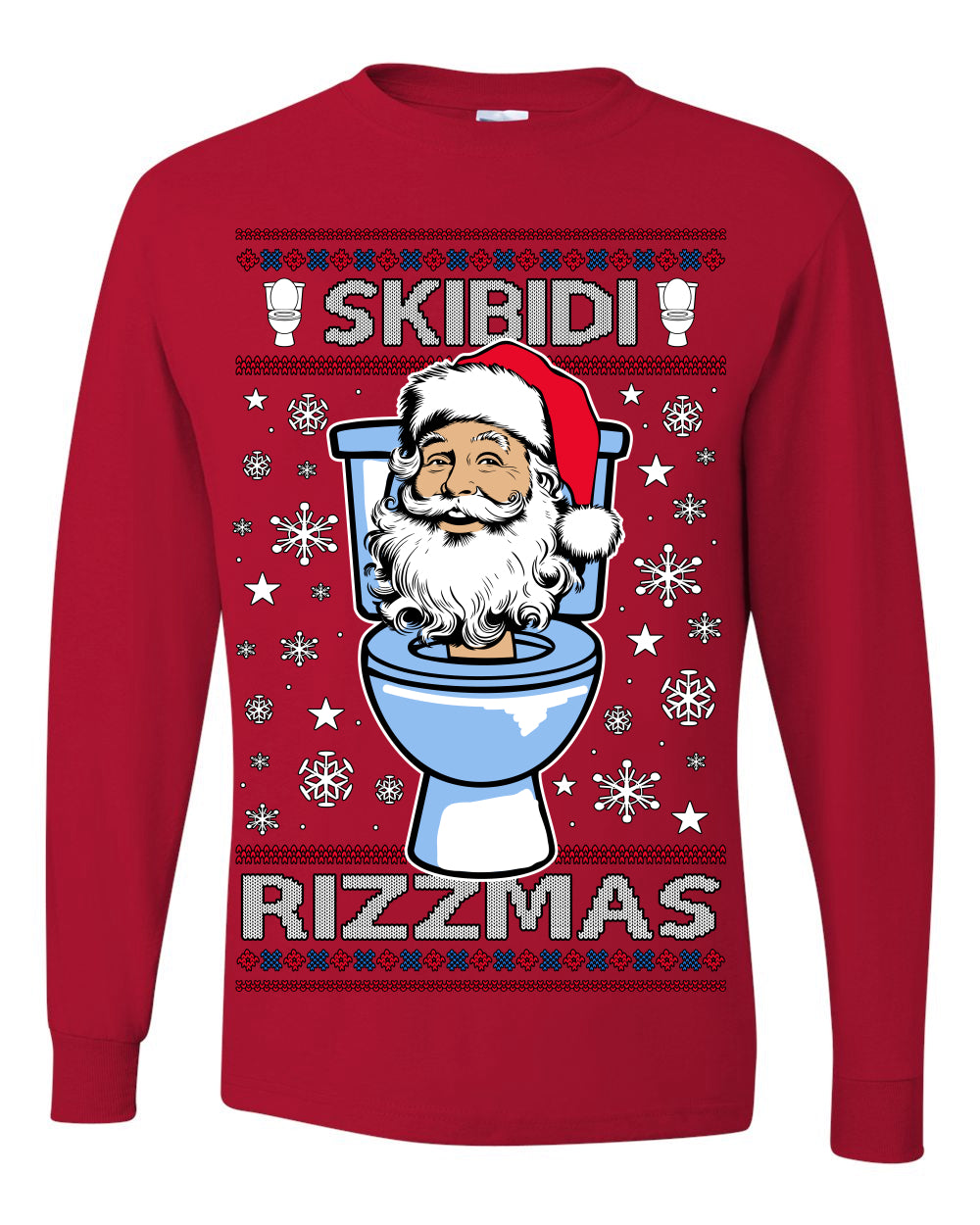 Skibidi Rizzmas Funny Toilet Video Viral Brain Rot Meme, Gen Z Alpha Slang Brainrot Memes Ugly Christmas Sweater Ugly Christmas Mens Long Sleeve Shirt