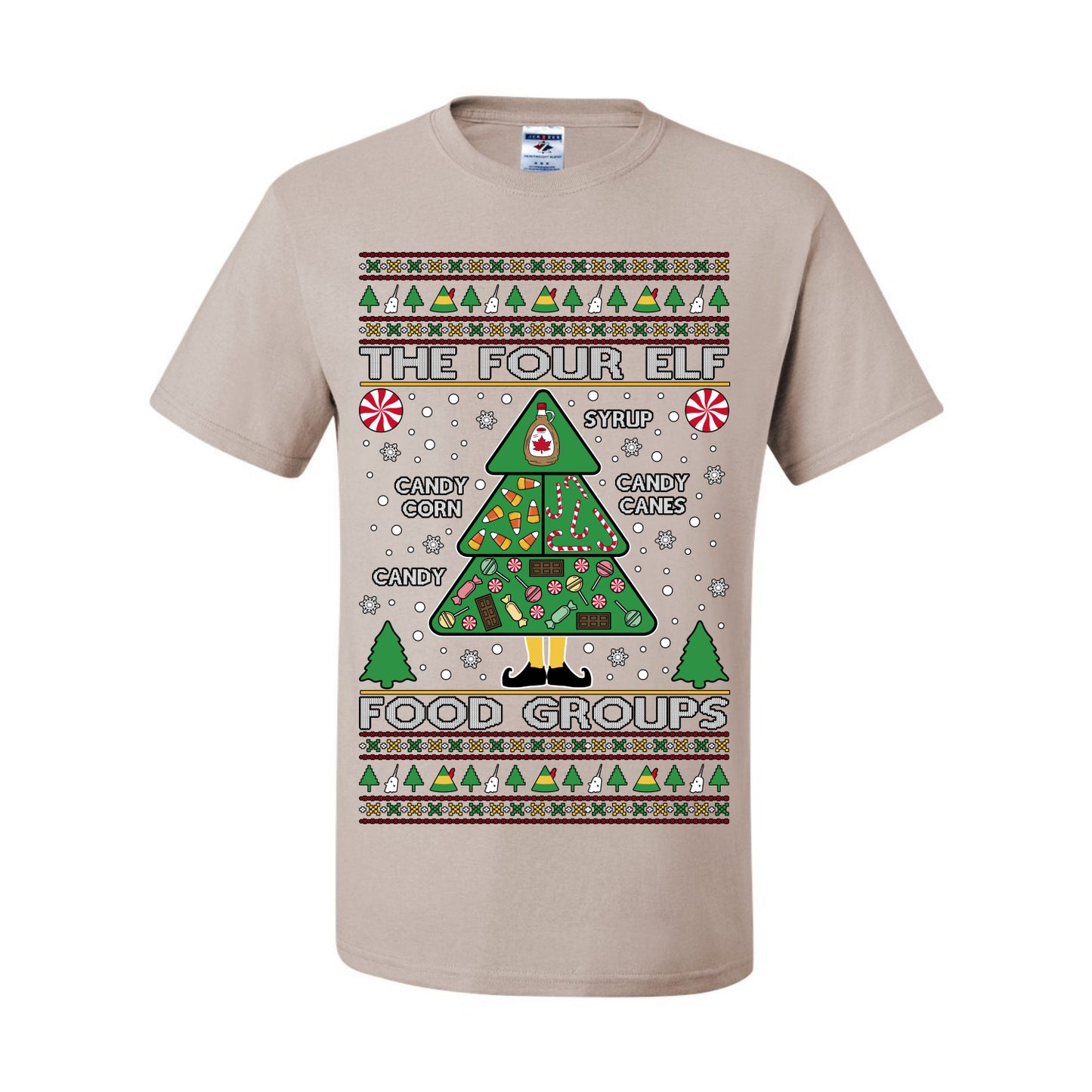 The Four Elf Food Groups, Peppermint Chocolate Candy Canes Syrup, Funny Ugly Christmas Sweater Ugly Christmas Men's T-Shirt