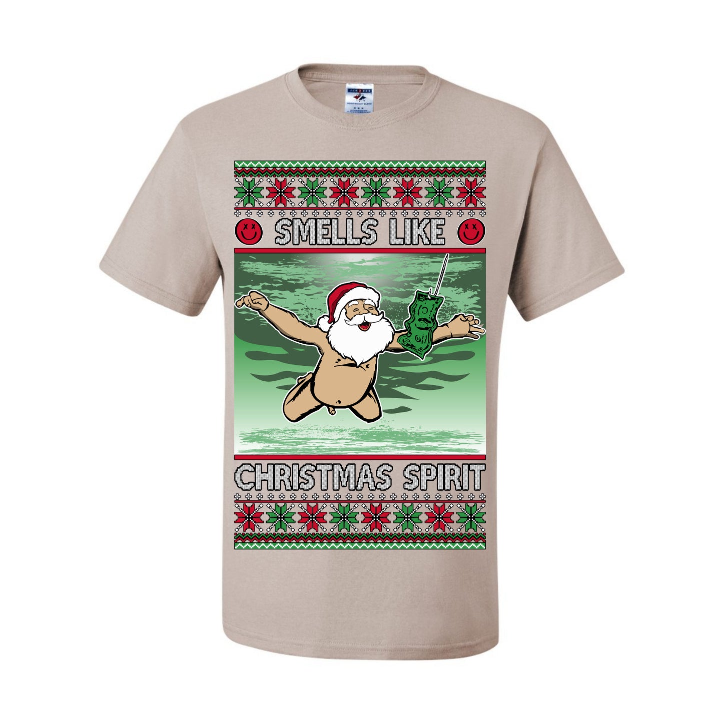 Smells Like Christmas Spirit, Funny Santa Claus Classic 90s Alternative Rock Album Cover Music Parody Ugly Christmas Sweater Ugly Christmas Men's T-Shirt