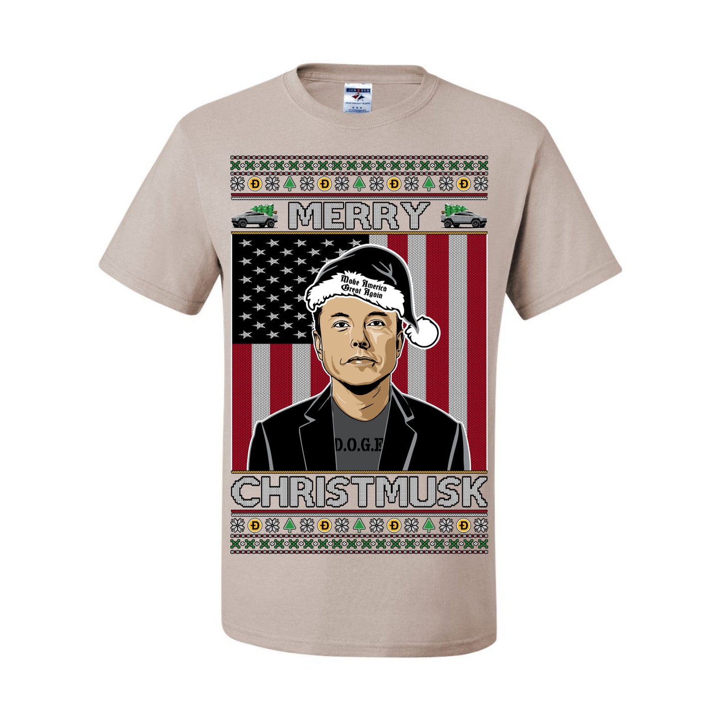 Merry Christmusk Funny Dark MAGA Santa Elon Doge Meme, Crypto Dogecoin America First USA Republican Ugly Christmas Sweater Ugly Christmas Men's T-Shirt