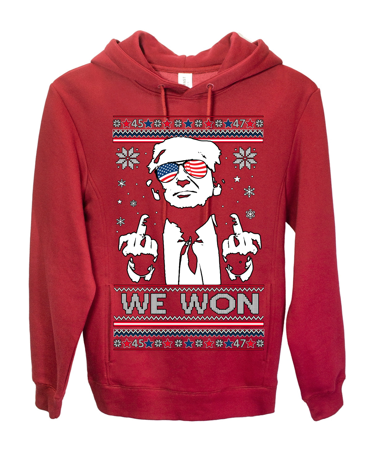 We Won Funny 45 47 President Trump Shot USA Glasses, 47th USA President of the United States, Gift for Republicans Conservatives Ugly Christmas Sweater Ugly Christmas Premium Side-Pocket Hoodie Sweatshirt