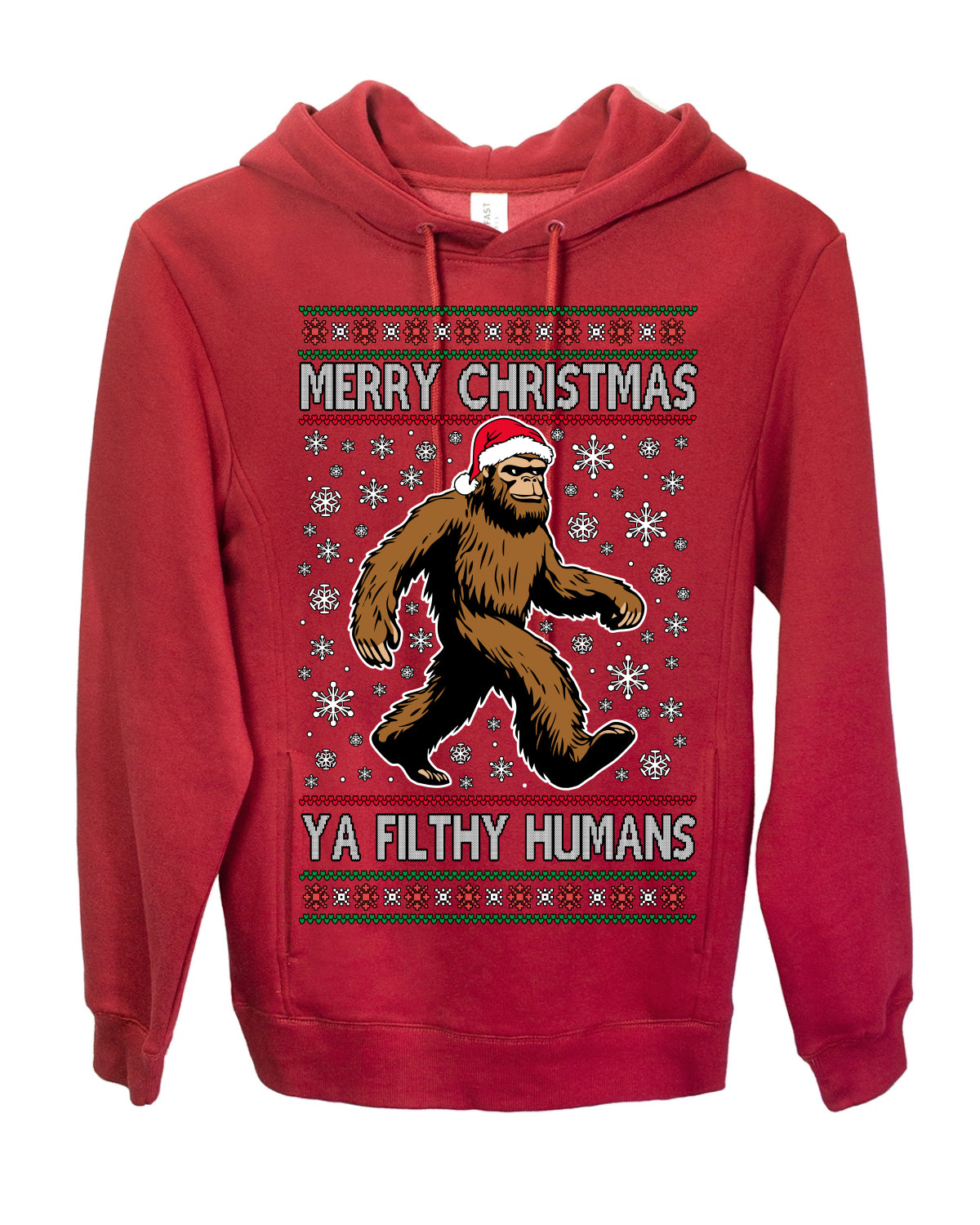 Merry Christmas Ya Filthy Humans Funny Sasquatch, UFO Conspiracy Theory Y2K Big Foot Supernatural Theorist Bigfoot Ugly Christmas Sweater Ugly Christmas Premium Side-Pocket Hoodie Sweatshirt