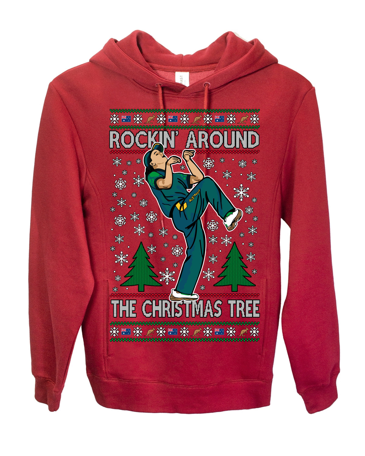 Rockin Around the Christmas Tree Raygun Viral Meme Australian AUS, Sports Australia Breakdancer Ray Gun Funny Ugly Christmas Sweater Ugly Christmas Premium Side-Pocket Hoodie Sweatshirt