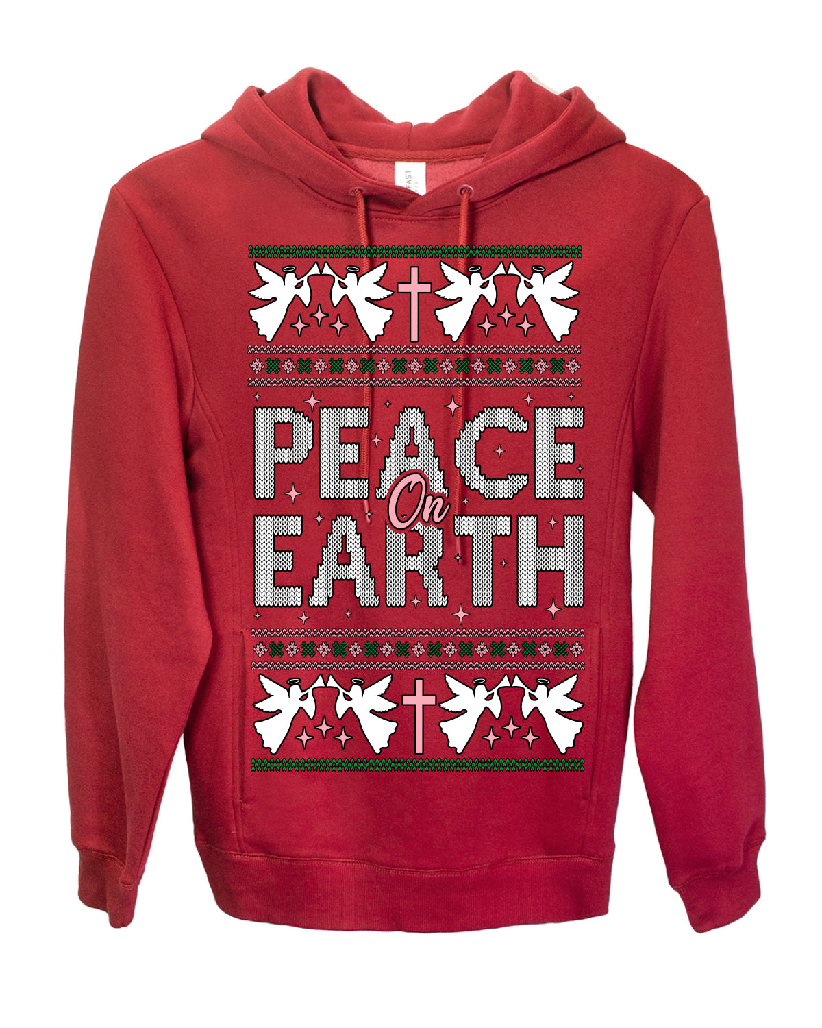 Peace On Earth Funny Xmas Cute Pink Angel Cross, Women Men Religious Christian Catholic Ugly Christmas Sweater Ugly Christmas Premium Side-Pocket Hoodie Sweatshirt