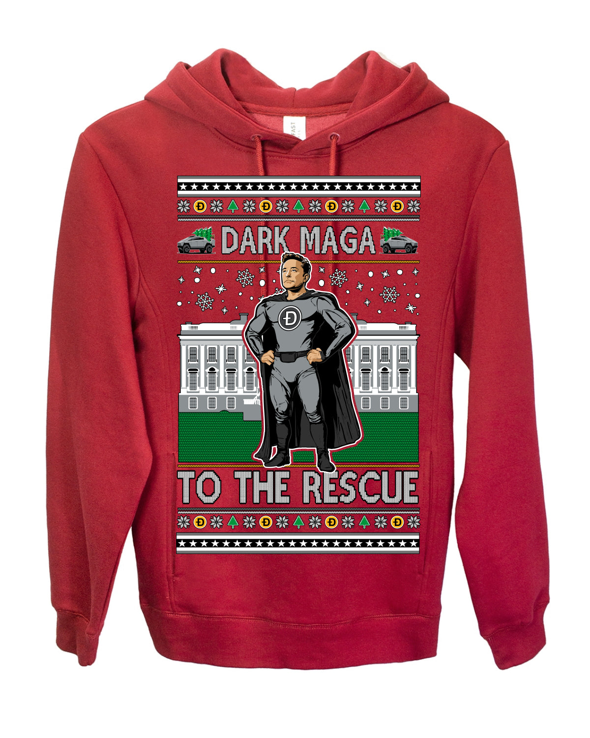 Dark MAGA to the Rescue, Elon Superhero Doge Crypto Dogecoin Make America Great Again Trump 2024 Ugly Christmas Sweater Ugly Christmas Premium Side-Pocket Hoodie Sweatshirt