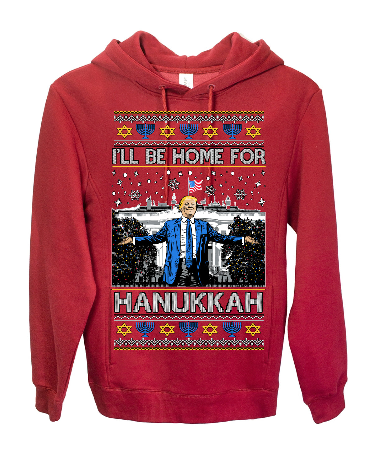 I'll Be Home for Hanukkah, Funny President Donald Trump JD Vance Winter Holiday Chanukah Hannukkah Channukah Ugly Christmas Sweater Ugly Christmas Premium Side-Pocket Hoodie Sweatshirt
