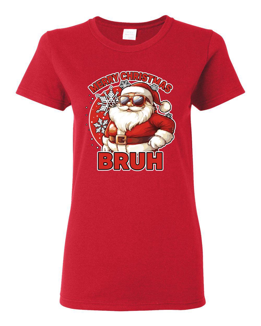 Merry Christmas Bruh | Funny Cool Santa Claus Sunglasses Trendy Hip Viral Meme Ugly Christmas Womens Graphic T-Shirt