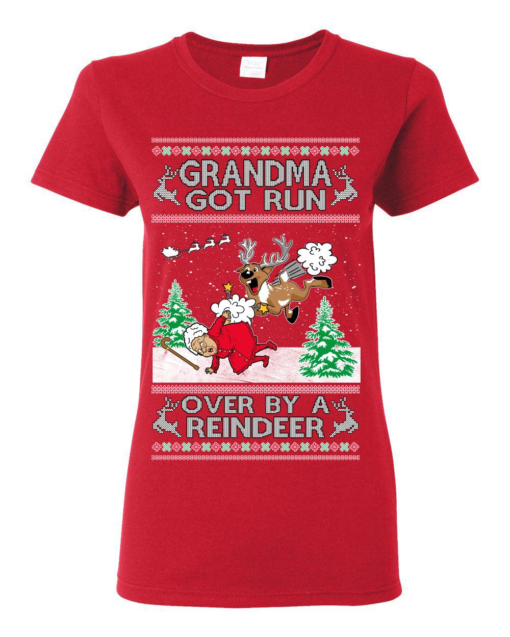 Grandma Got Run Over by a Reindeer, Funny Animated Design Rein Deer Kids TV Song Movie, Ugly Christmas Sweater Ugly Christmas Womens Graphic T-Shirt