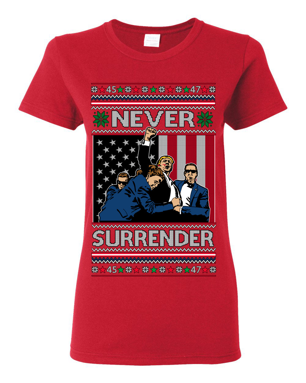 Never Surrender, Pro Donald Trump Fight Fight Fight Fist Pump 2024 Butler PA Rally Shot, Ugly Christmas Sweater Ugly Christmas Womens Graphic T-Shirt