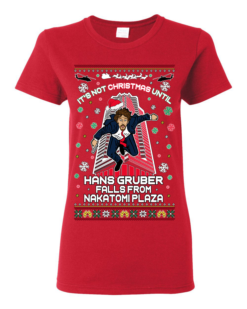 It's Not Christmas Until Hans Gruber Falls From Nakatomi Plaza, Color Design Skyscraper LA Falling Iconic 80s Xmas Movie Ugly Christmas Sweater Ugly Christmas Womens Graphic T-Shirt