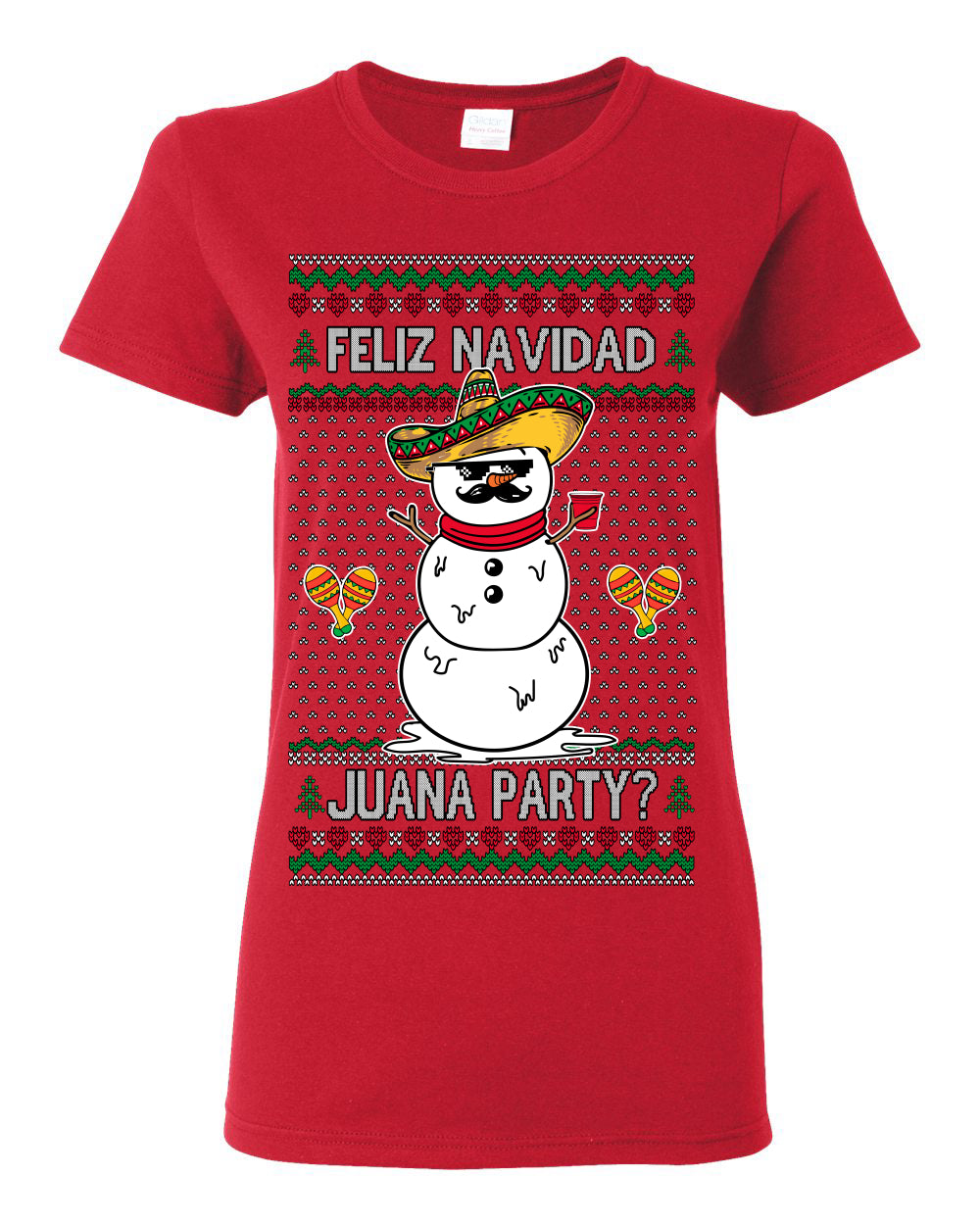 Feliz Navidad Juana Party? Funny Spanish Drinking Sueter Cerveza Ropa en Espanol Ugly Christmas Sweater Ugly Christmas Womens Graphic T-Shirt