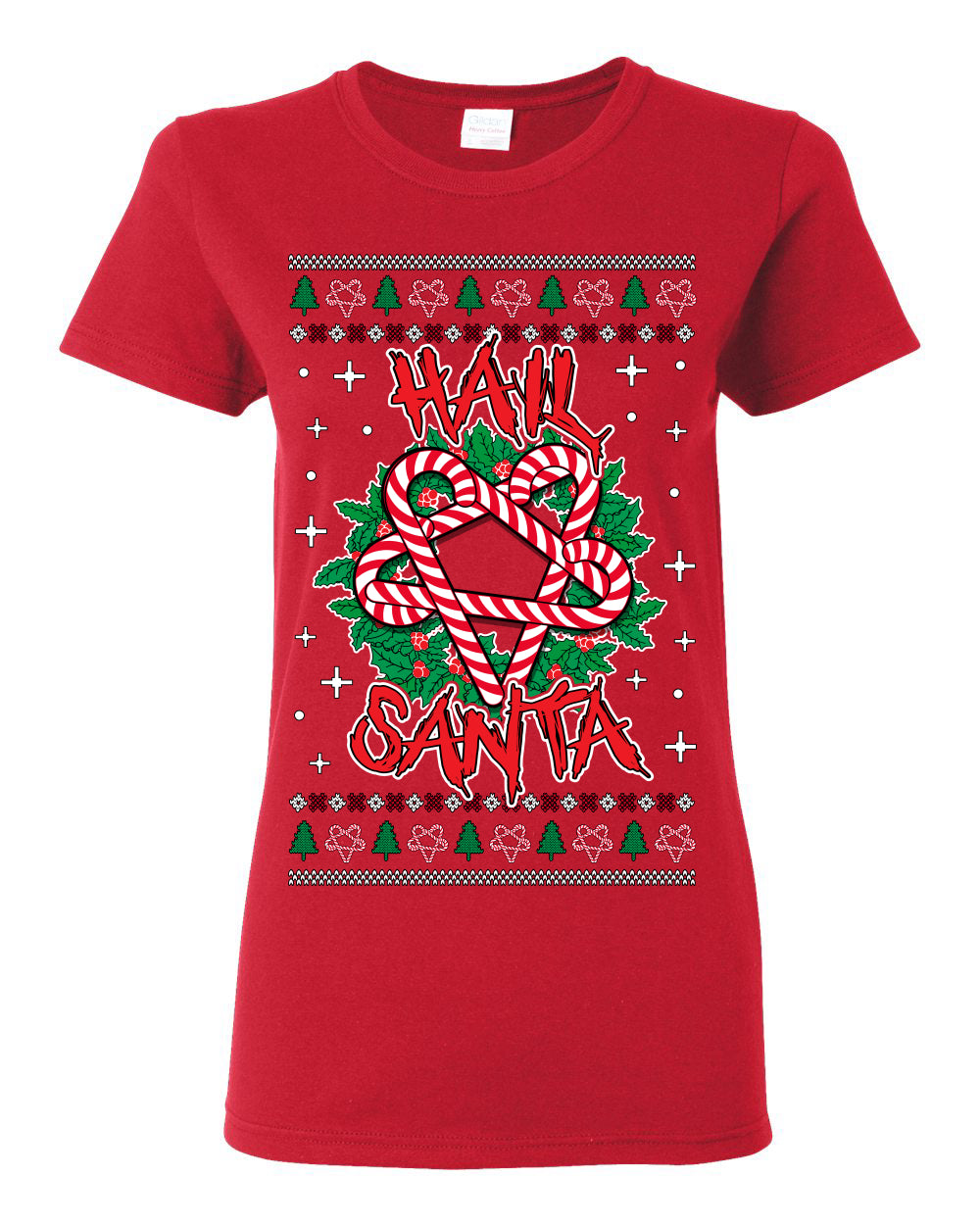 Hail Santa Funny Satanic, Candy Cane Wreath Devil Heavy Metal Rock Metalcore Music, Satan 666 Agnostic Areligious Ugly Christmas Sweater Ugly Christmas Womens Graphic T-Shirt