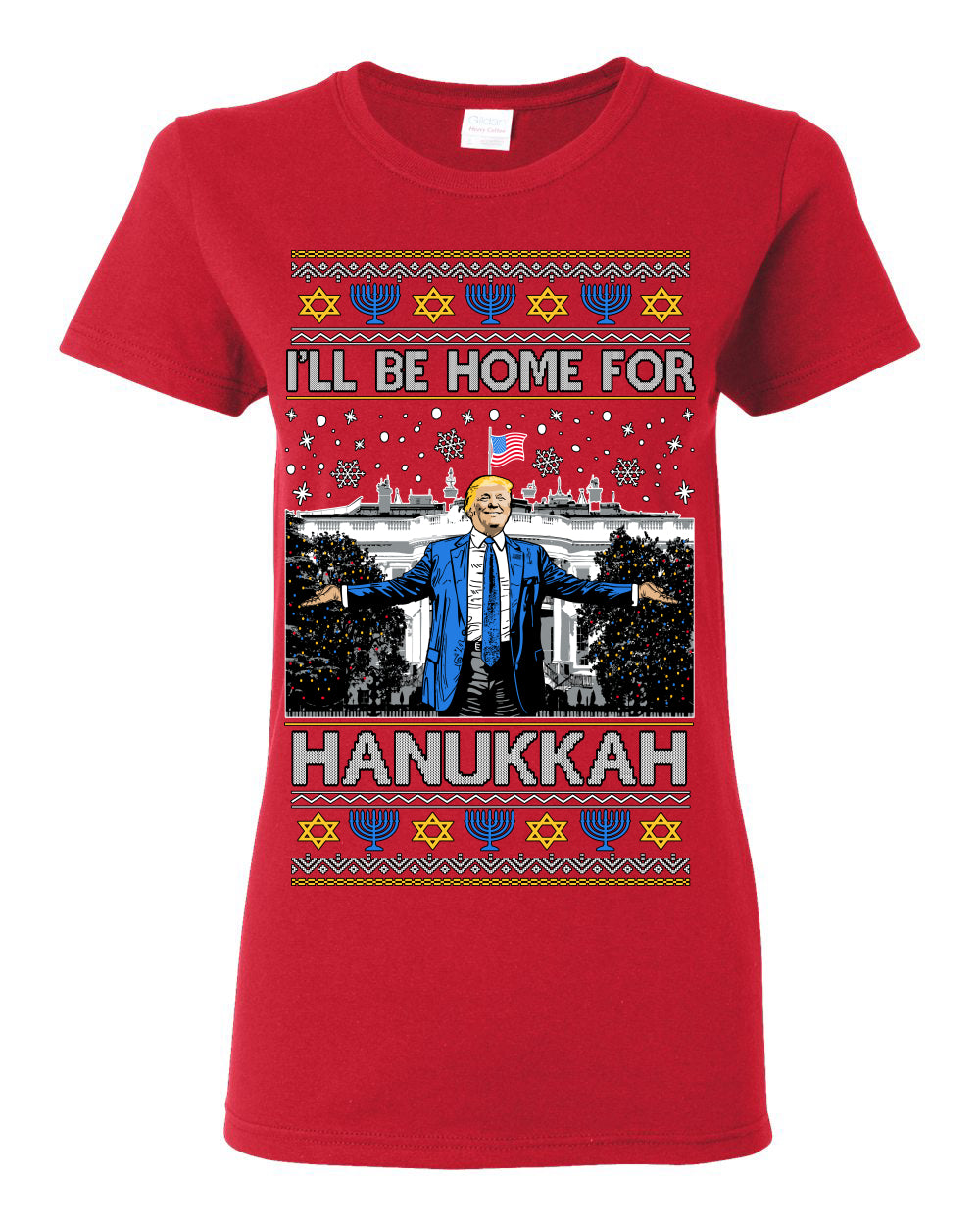 I'll Be Home for Hanukkah, Funny President Donald Trump JD Vance Winter Holiday Chanukah Hannukkah Channukah Ugly Christmas Sweater Ugly Christmas Womens Graphic T-Shirt