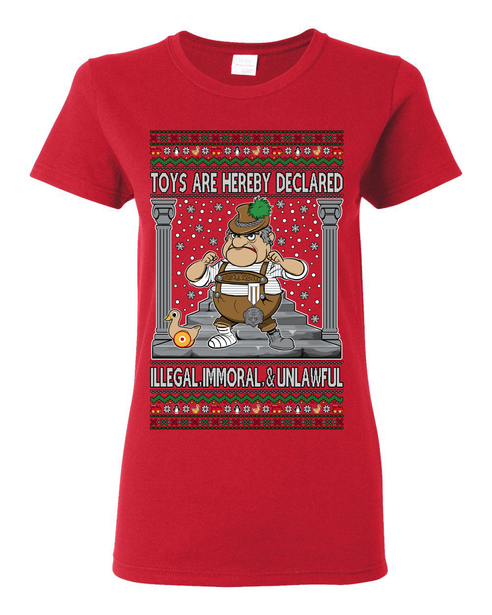 Toys Are Hereby Declared Illegal Immoral Unlawful, Funny Classic 1970 Xmas Movie Quote Character Santa Claus Comin to Town, Ugly Christmas Sweater Ugly Christmas Womens Graphic T-Shirt