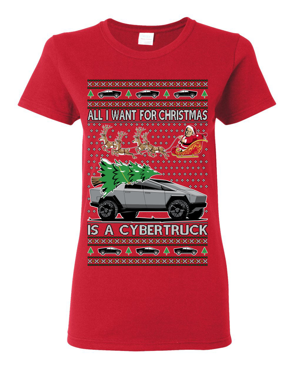 All I Want for Christmas is a Cybertruck, Funny Tech Cyber Truck Elon Musk Santa Claus Reindeer, Meme Ugly Christmas Sweater Ugly Christmas Womens Graphic T-Shirt