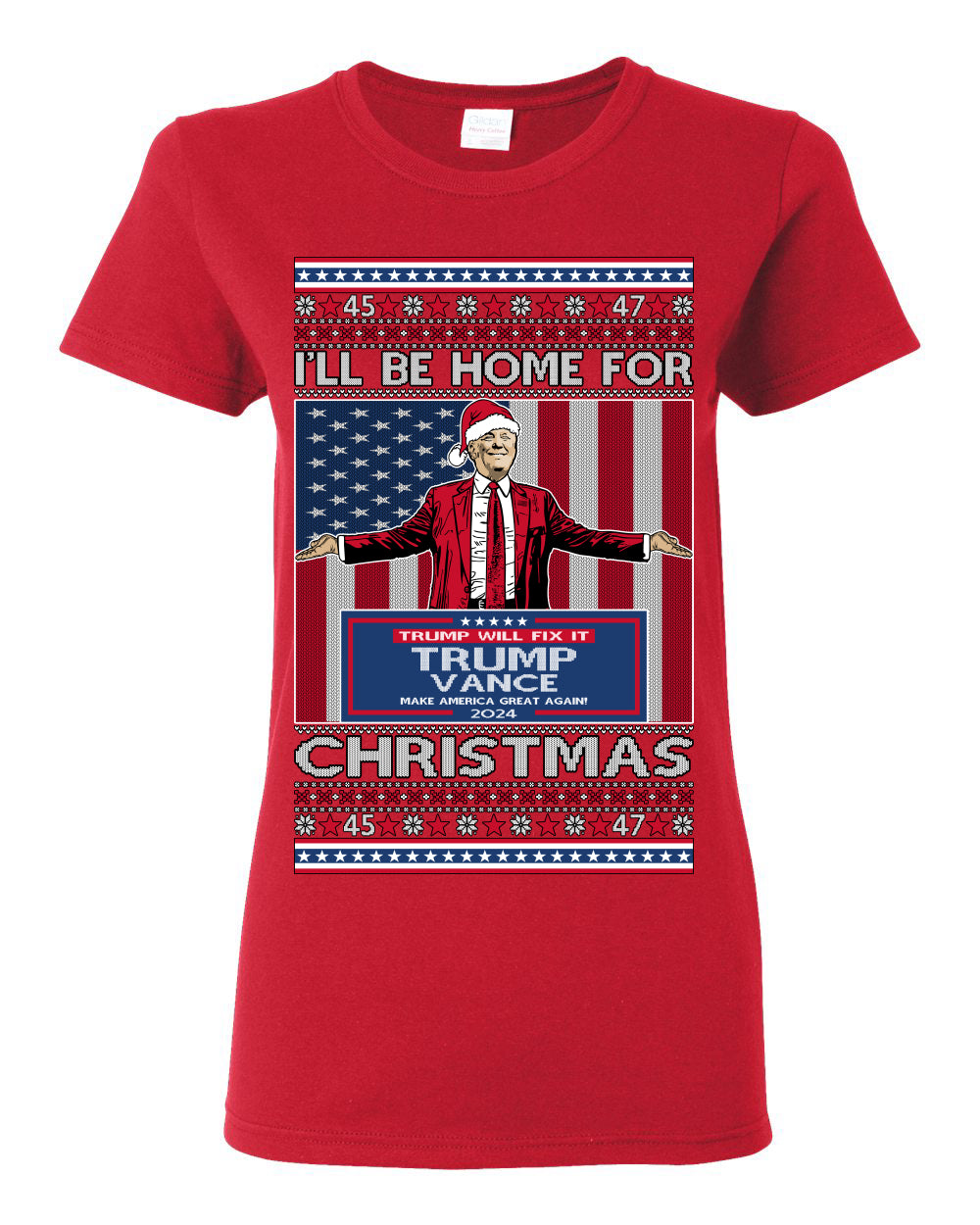 I'll Be Home for Christmas USA Trump 2024, MAGA Make America Great Again Santa Speech Ugly Christmas Sweater Ugly Christmas Womens Graphic T-Shirt