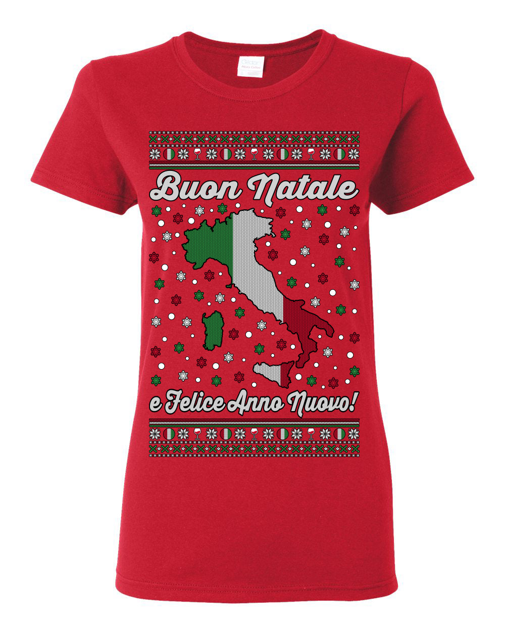 Buon Natale e Felice Anno Nuovo! Merry Christmas and Happy New Year, Funny Classic Italy Peninsula Italian Ugly Christmas Sweater Ugly Christmas Womens Graphic T-Shirt
