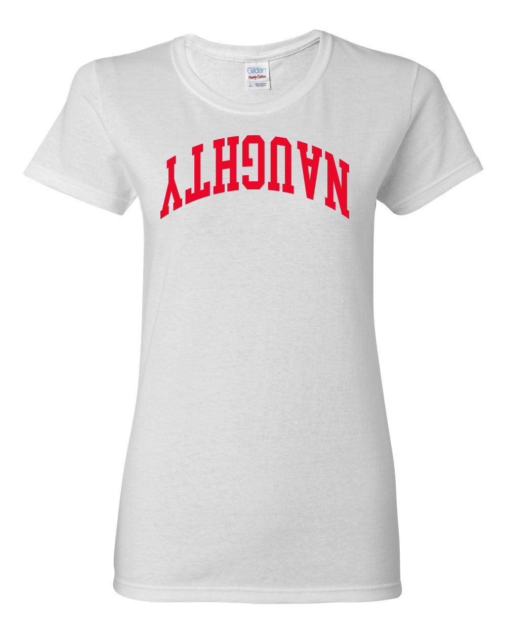 Naughty Red Text, Classic College Style Trendy Upside Down Text Ugly Christmas Sweater Ugly Christmas Womens Graphic T-Shirt