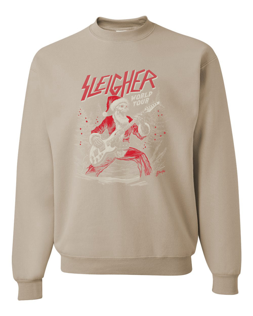Sleigher World Tour | Funny Heavy Metal Electric Rock Guitar Skull Santa Claus Xmas North Pole Ugly Christmas Unisex Crewneck Sweatshirt