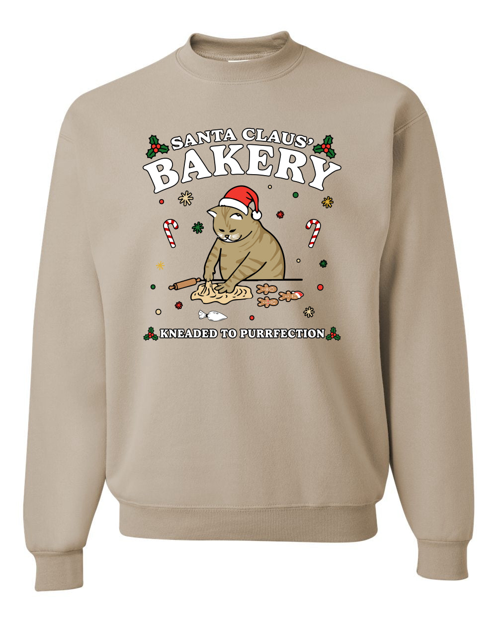 Santa Claus Bakery | Bread Kneaded to Purrfection, Funny Cute Cat Chef Baker Joke Ugly Christmas Unisex Crewneck Sweatshirt