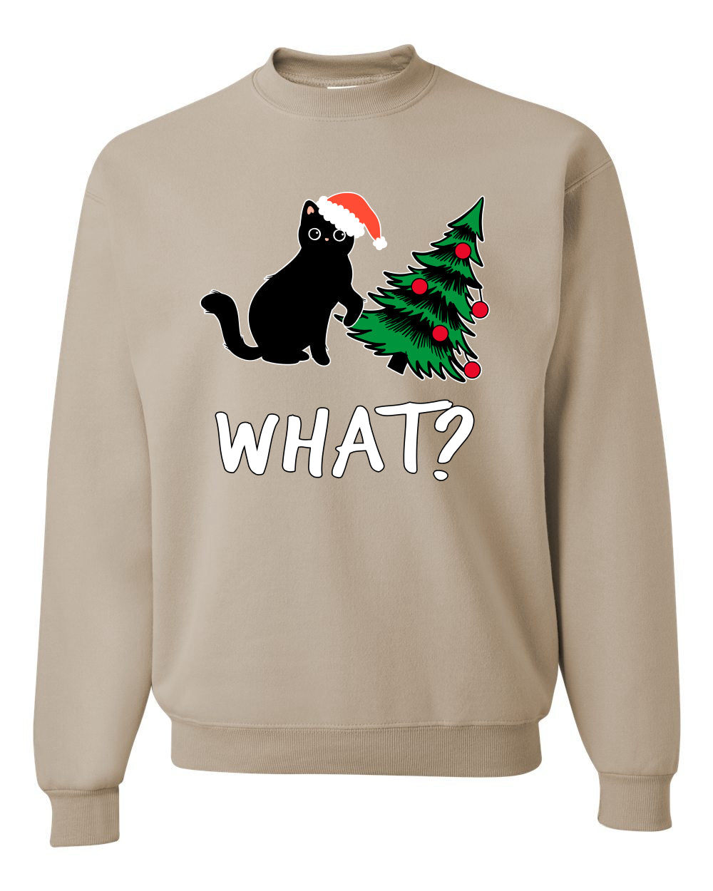 What? Funny Guilty Santa Cat Christmas Tree Mischief Pet Humor Ugly Christmas Unisex Crewneck Sweatshirt