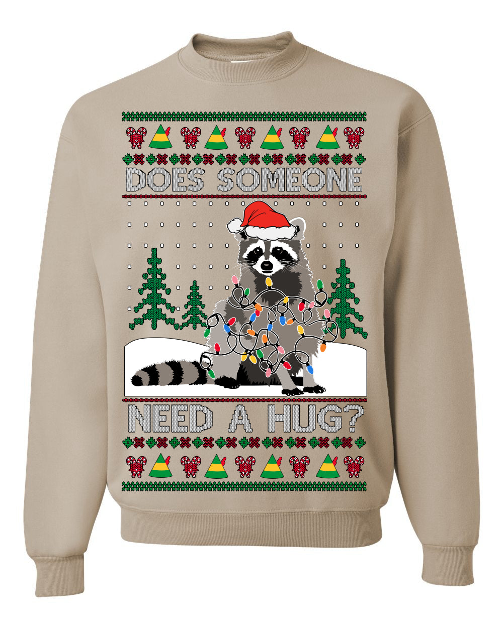 Does Someone Need a Hug? Funny Cute Santa Trash Panda Raccoon, Viral Meme Xmas Lights Ugly Christmas Unisex Crewneck Sweatshirt