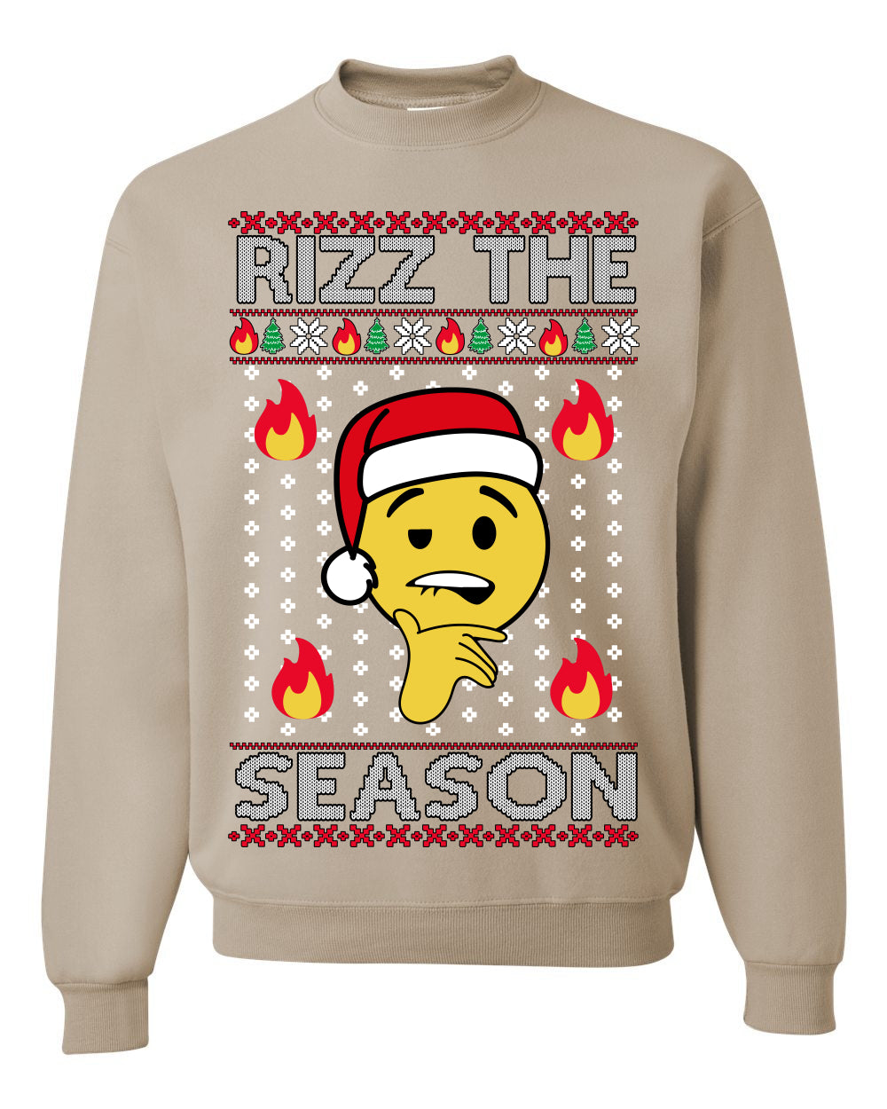 Rizz the Season, Viral Internet Fire Emoji Face Meme Romance Slang, Ugly Christmas Sweater Ugly Christmas Unisex Crewneck Sweatshirt