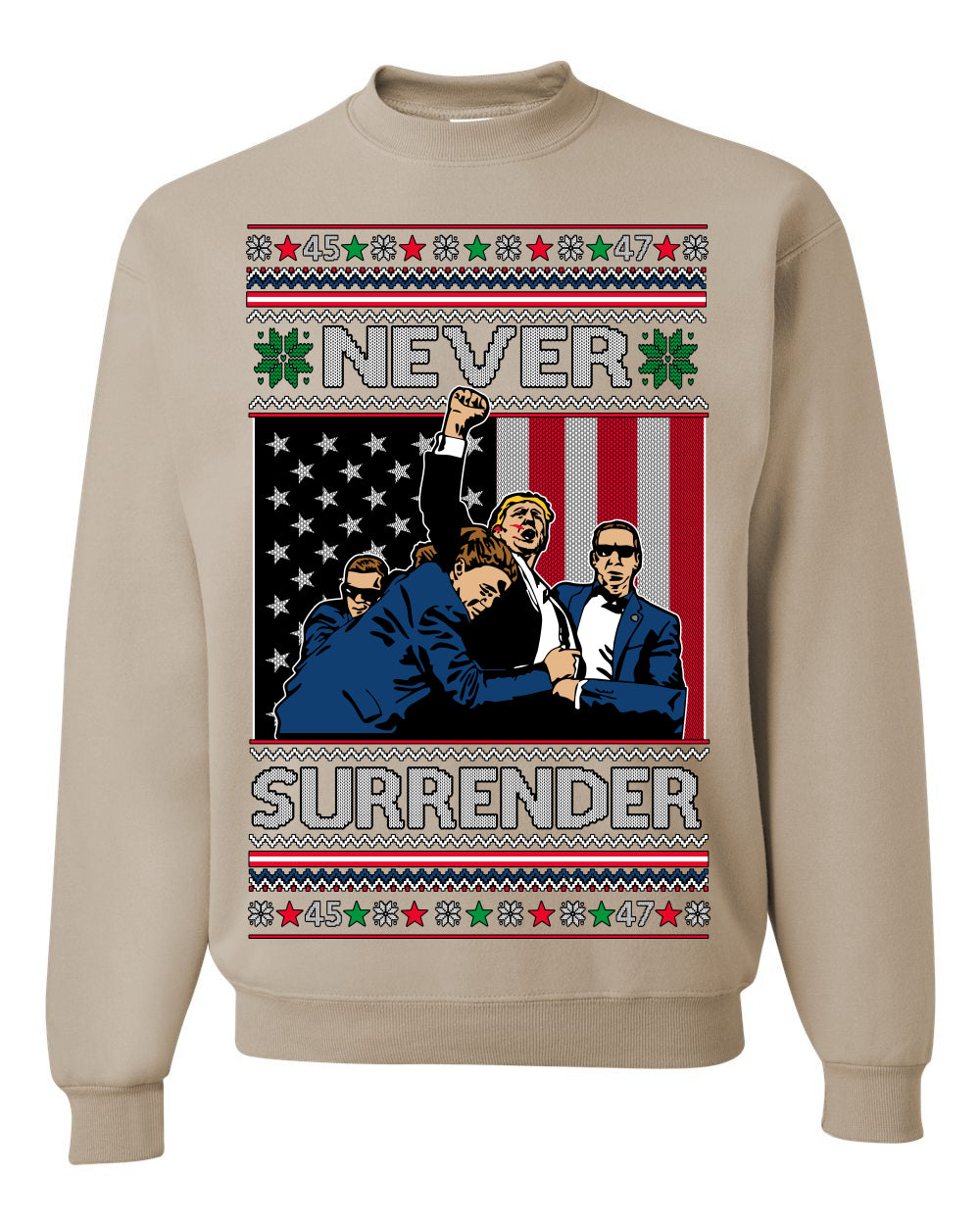 Never Surrender, Pro Donald Trump Fight Fight Fight Fist Pump 2024 Butler PA Rally Shot, Ugly Christmas Sweater Ugly Christmas Unisex Crewneck Sweatshirt