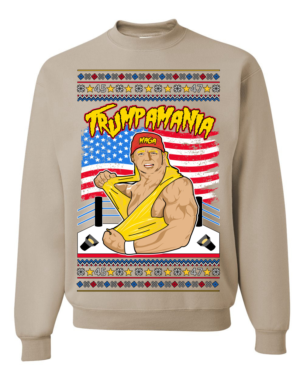 Trumpamania Funny Hogan 80s USA Wrestling Sports Parody, Donald Trump Vance 2024 Wrestler MAGA Make America Great Again, Ugly Christmas Sweater Ugly Christmas Unisex Crewneck Sweatshirt