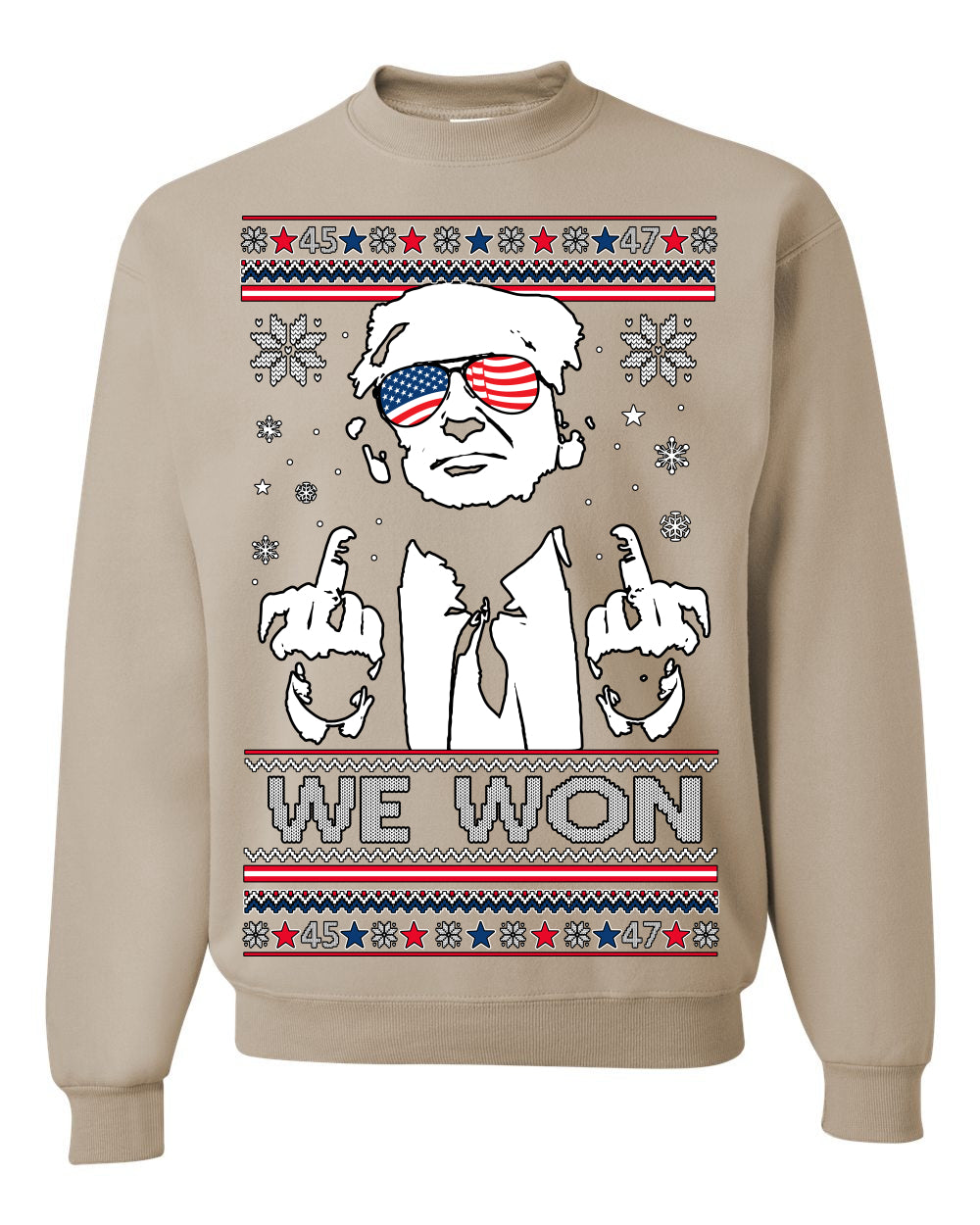 We Won Funny 45 47 President Trump Shot USA Glasses, 47th USA President of the United States, Gift for Republicans Conservatives Ugly Christmas Sweater Ugly Christmas Unisex Crewneck Sweatshirt
