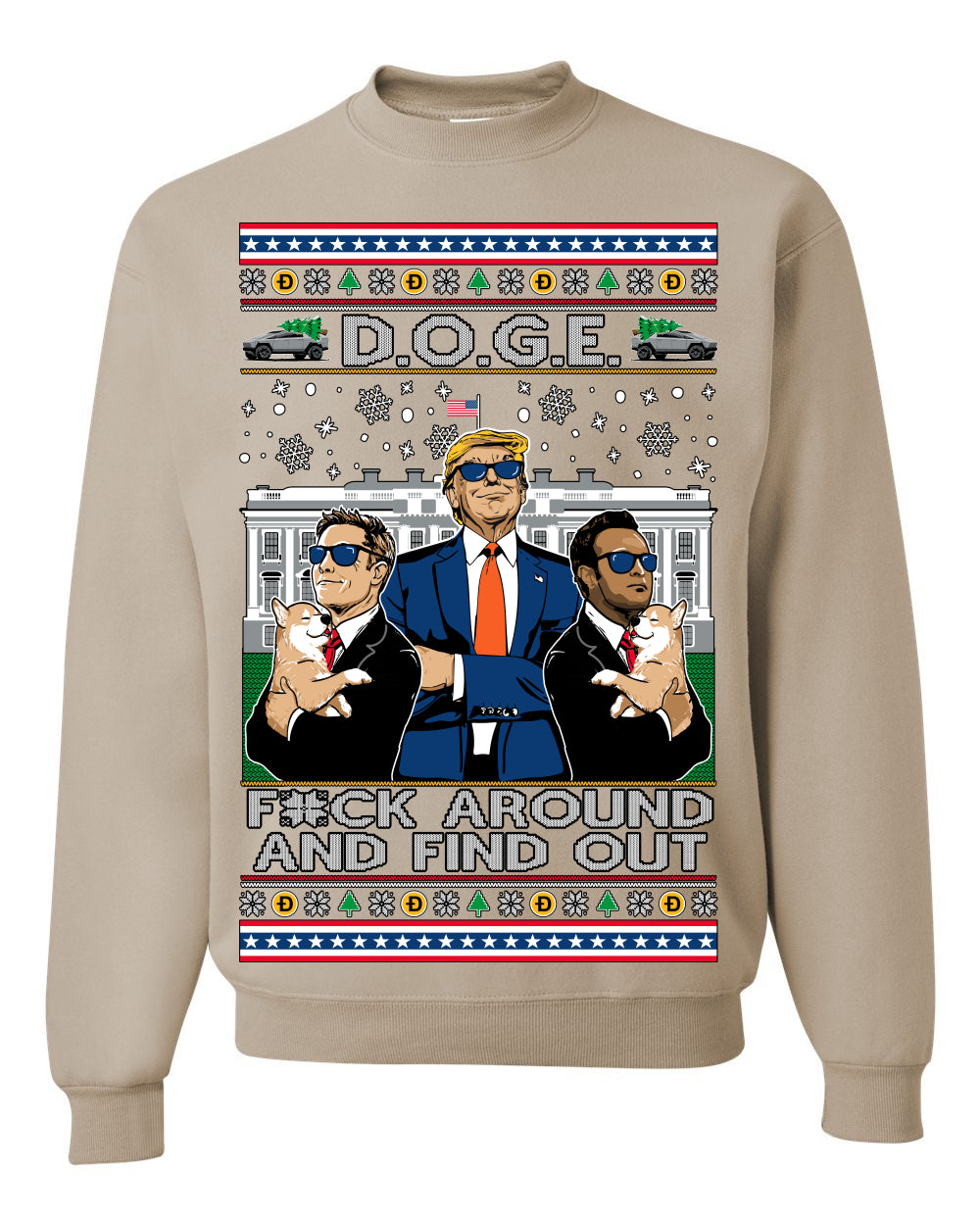 Doge F Around and Find Out Donald Trump Elon Vivek, Department of Govenmental Efficiency D.O.G.E. Republicans MAGA Ugly Christmas Sweater Ugly Christmas Unisex Crewneck Sweatshirt