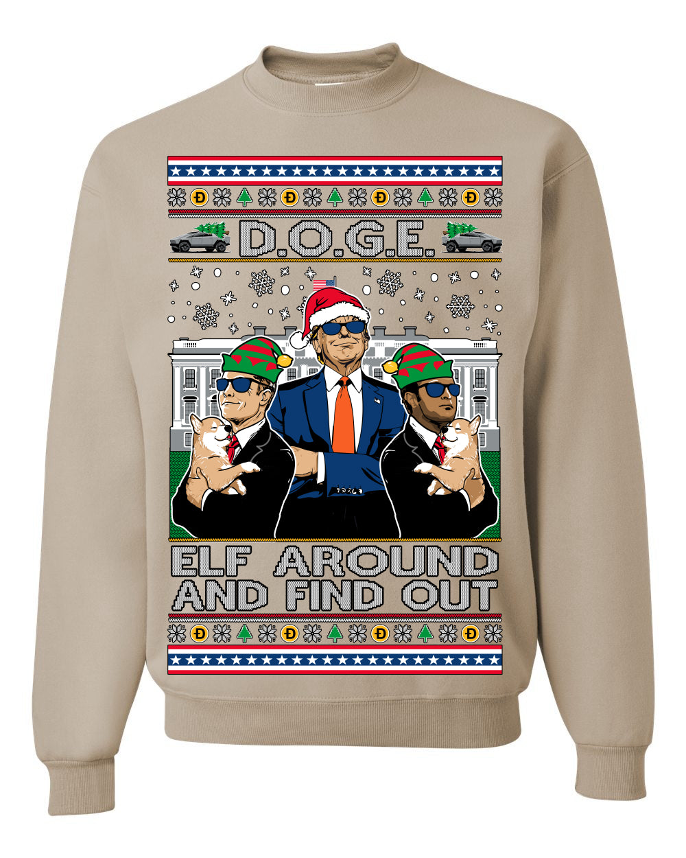 Doge Elf Around and Find Out Trump Elon Vivek, Department of Govenmental Efficiency D.O.G.E. Republicans MAGA Ugly Christmas Sweater Ugly Christmas Unisex Crewneck Sweatshirt