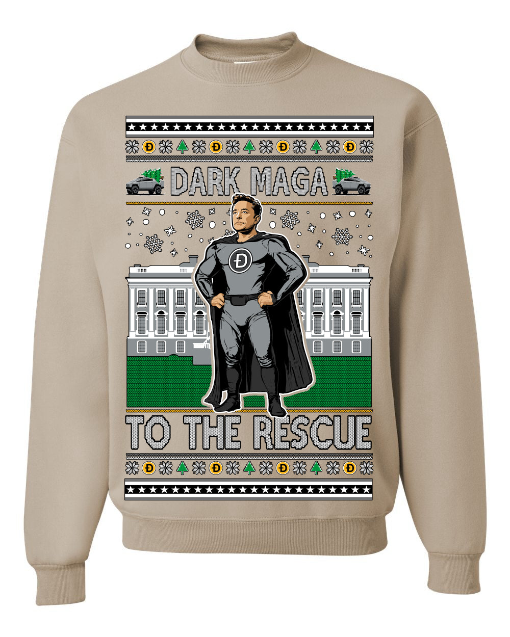 Dark MAGA to the Rescue, Elon Superhero Doge Crypto Dogecoin Make America Great Again Trump 2024 Ugly Christmas Sweater Ugly Christmas Unisex Crewneck Sweatshirt