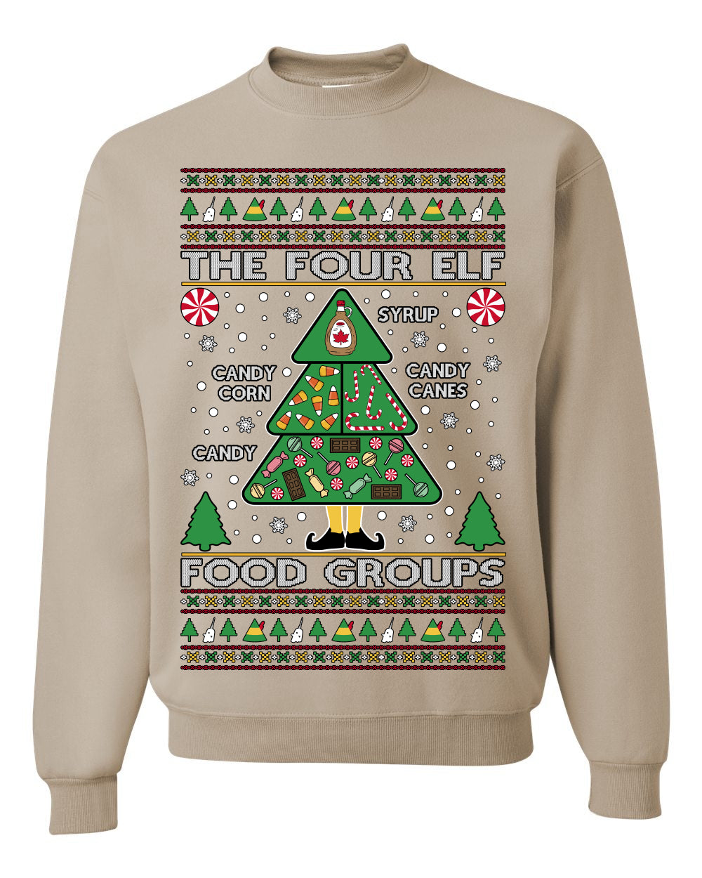 The Four Elf Food Groups, Peppermint Chocolate Candy Canes Syrup, Funny Ugly Christmas Sweater Ugly Christmas Unisex Crewneck Sweatshirt
