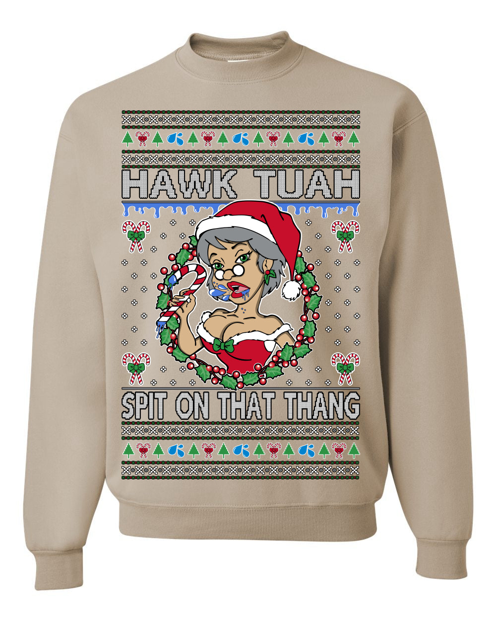 Hawk Tuah Spit On That Thang, Viral Hilarious Candy Cane Mrs Claus Funny Naughty Suck Meme, Ugly Christmas Sweater Ugly Christmas Unisex Crewneck Sweatshirt