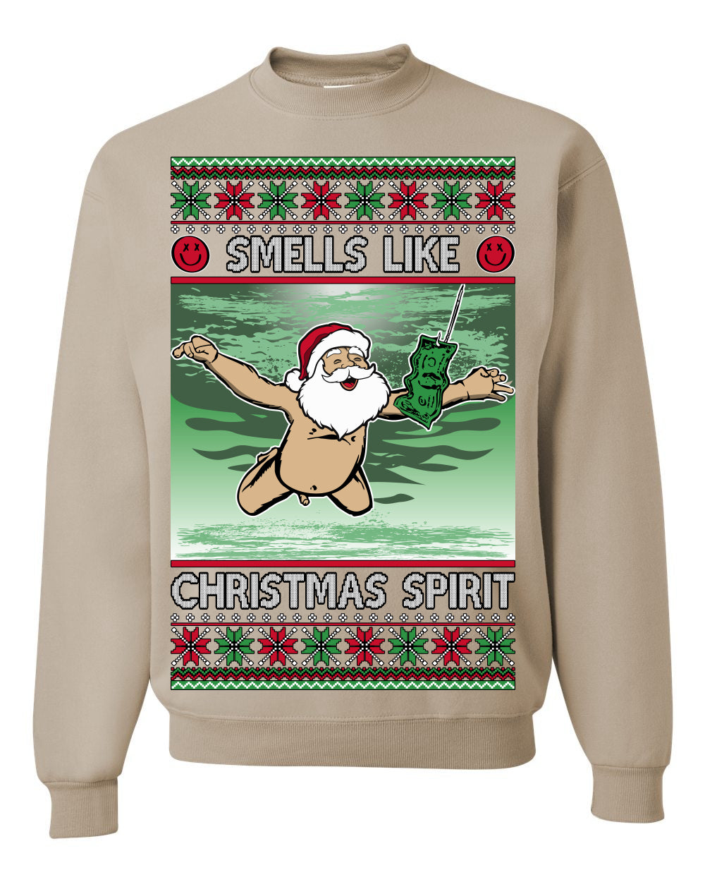 Smells Like Christmas Spirit, Funny Santa Claus Classic 90s Alternative Rock Album Cover Music Parody Ugly Christmas Sweater Ugly Christmas Unisex Crewneck Sweatshirt