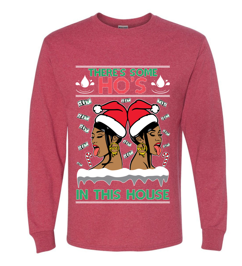 Woman Rapper Ho's In This House, Christmas Gifts, Funny Xmas Gift Idea, Ugly Christmas Sweater Mens Long Sleeve Shirt