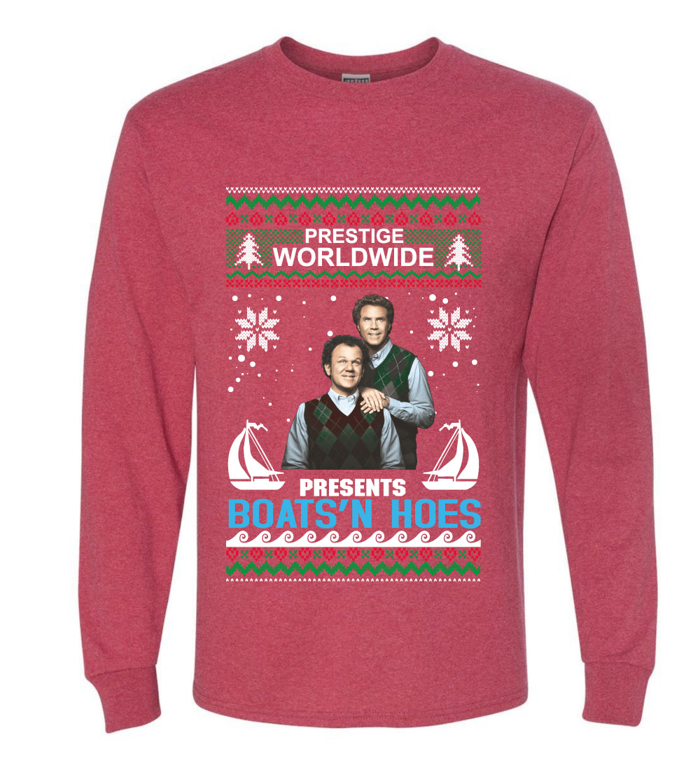Prestige Worldwide Boats N' Hoes Step Brothers, Christmas Gifts, Funny Xmas Gift Idea, Ugly Christmas Sweater Mens Long Sleeve Shirt