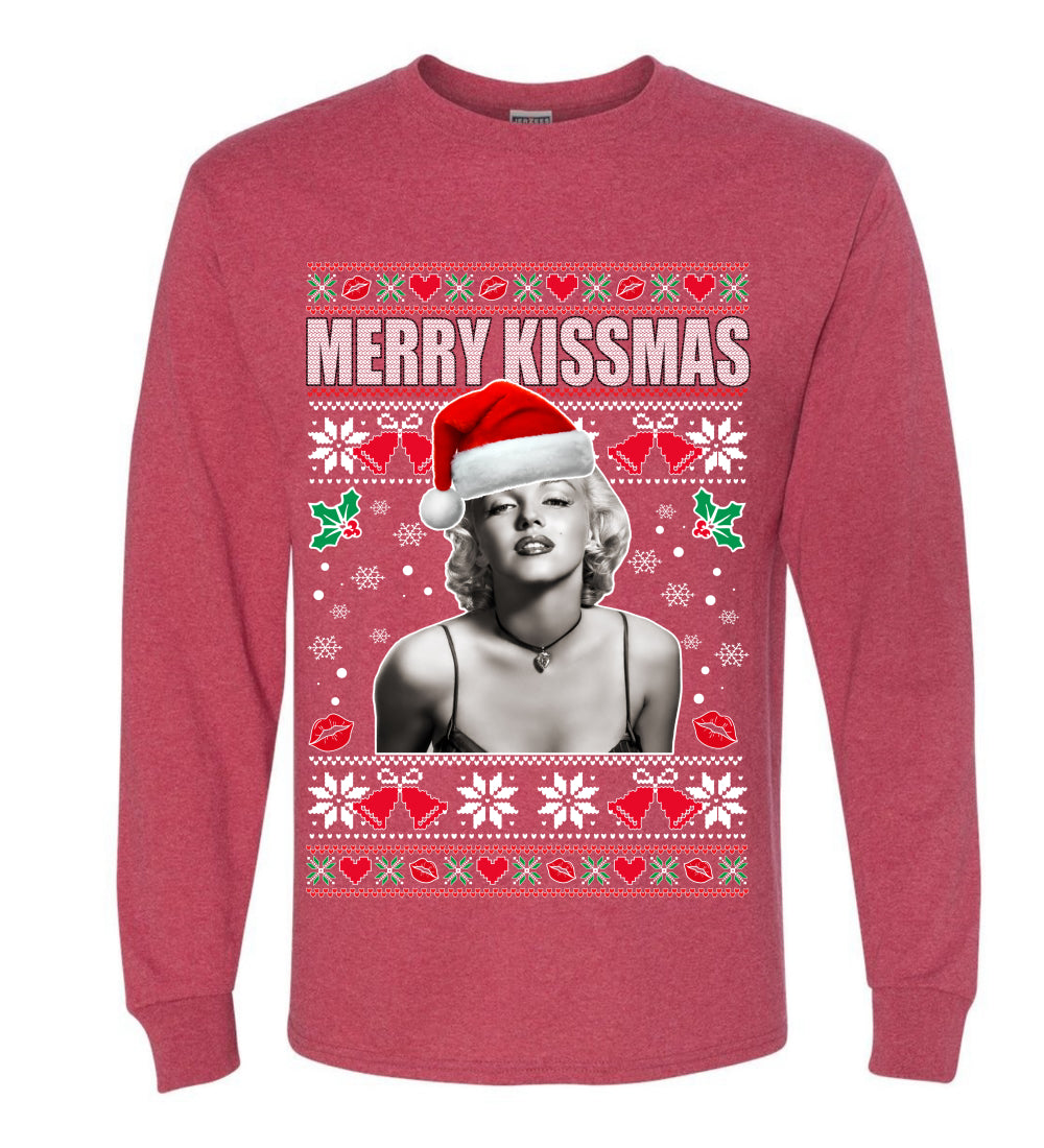 Merry Kissmas Marilyn Monroe, Christmas Gifts, Funny Xmas Gift Idea, Ugly Christmas Sweater Mens Long Sleeve Shirt
