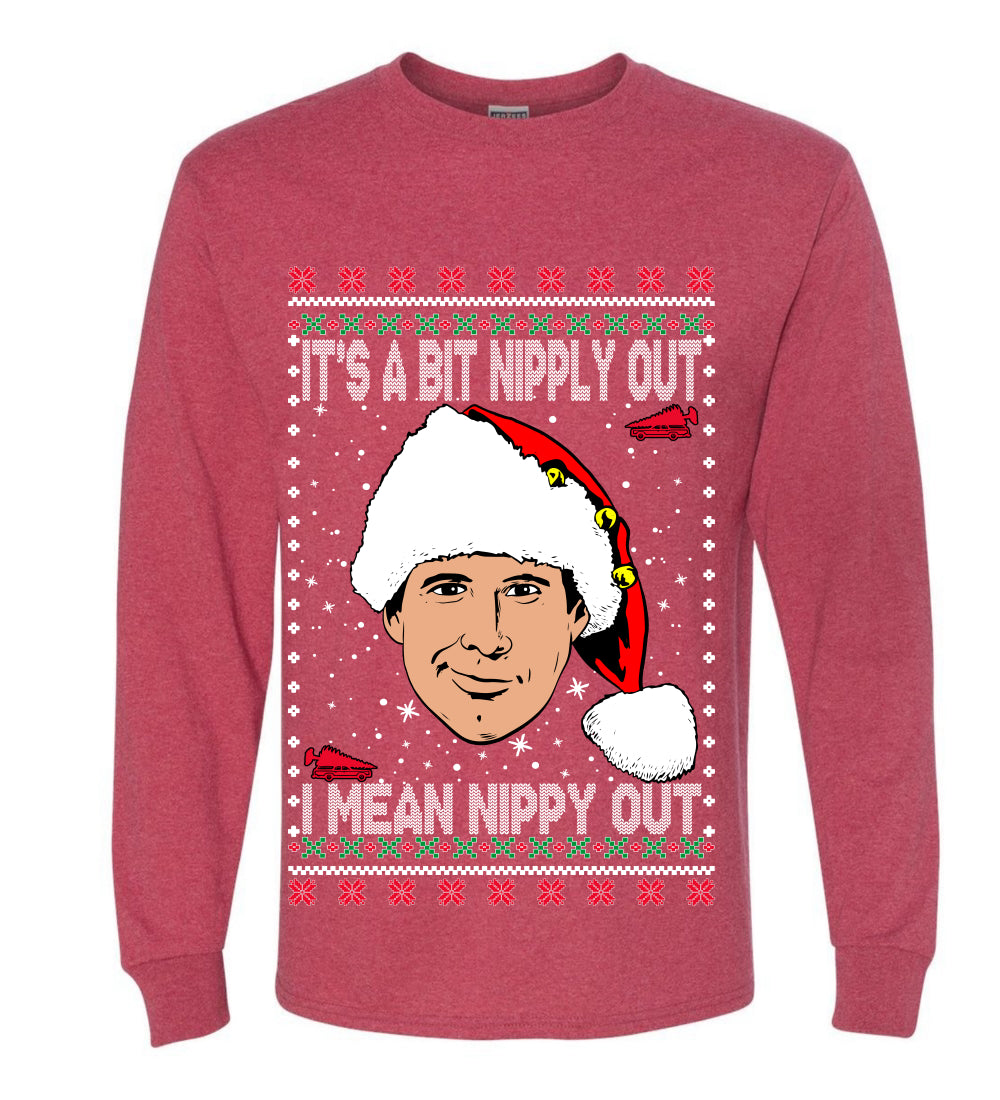Clark G It's A Bit Nipply Out, Christmas Gifts, Funny Xmas Gift Idea, Ugly Christmas Sweater Mens Long Sleeve Shirt