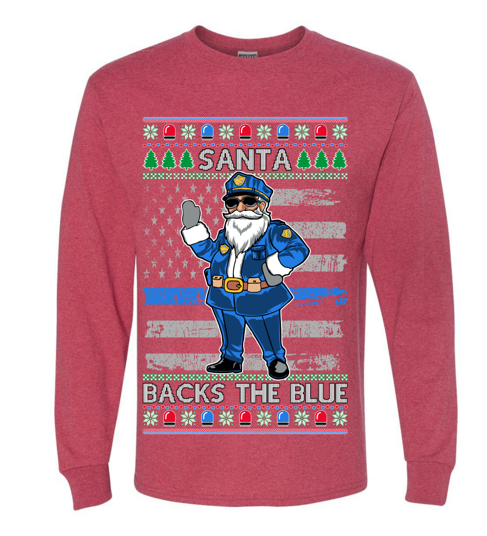 Santa Backs the Blue, Christmas Gifts, Funny Xmas Gift Idea, Ugly Christmas Sweater Mens Long Sleeve Shirt