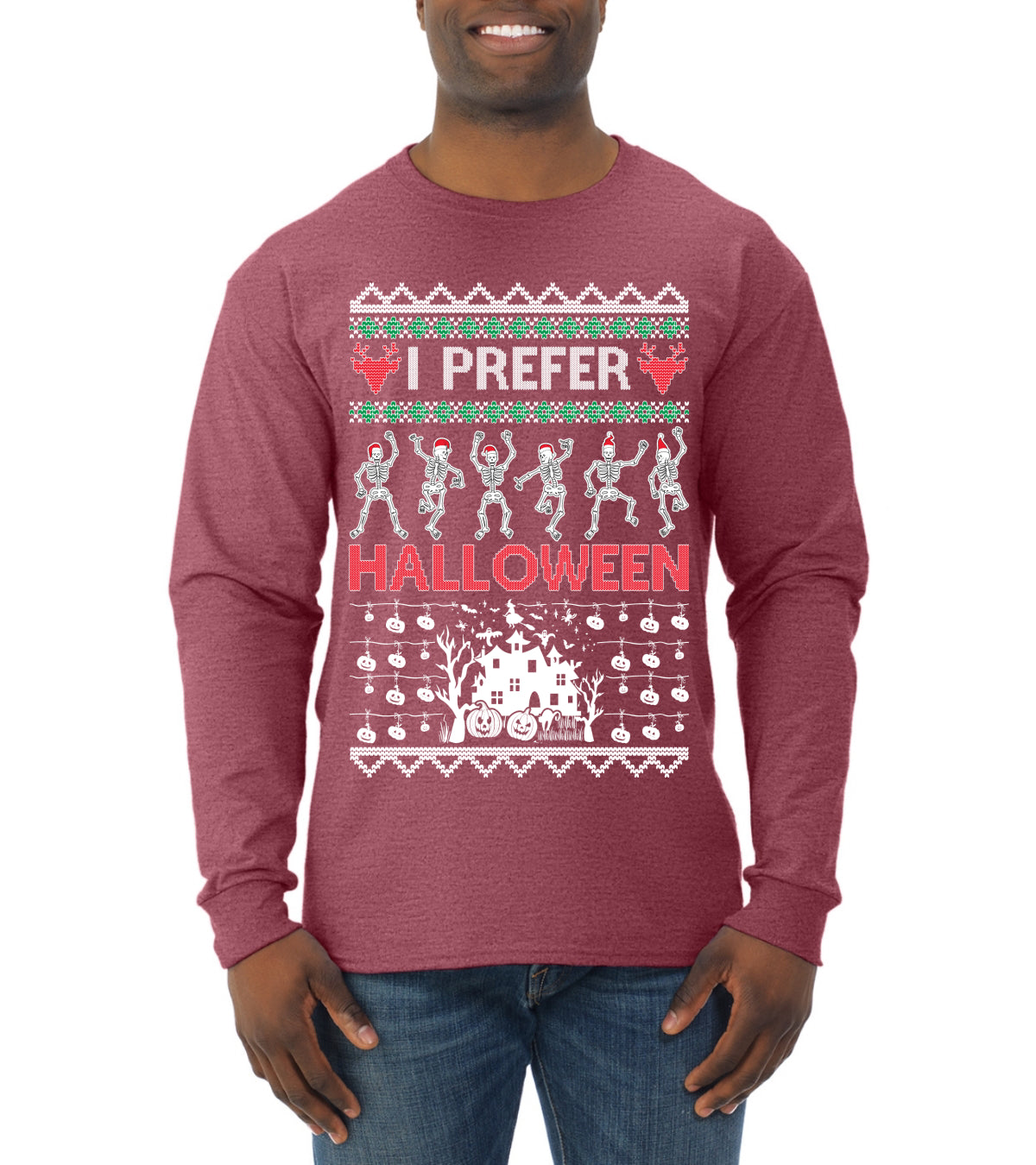 I Prefer Halloween Dancing Skeletons, Xmas Dancers, Christmas Gifts, Funny Xmas Gift Idea, Ugly Christmas Mens Long Sleeve Shirt