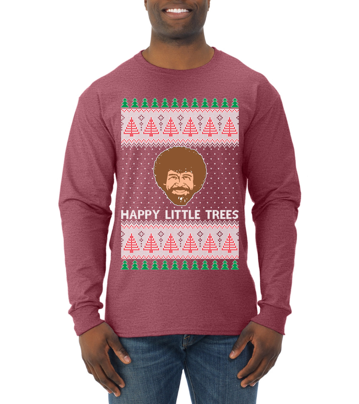 Bob Happy Little Trees Ross Painter, Christmas Gifts, Funny Xmas Gift Idea, Ugly Christmas Mens Long Sleeve Shirt