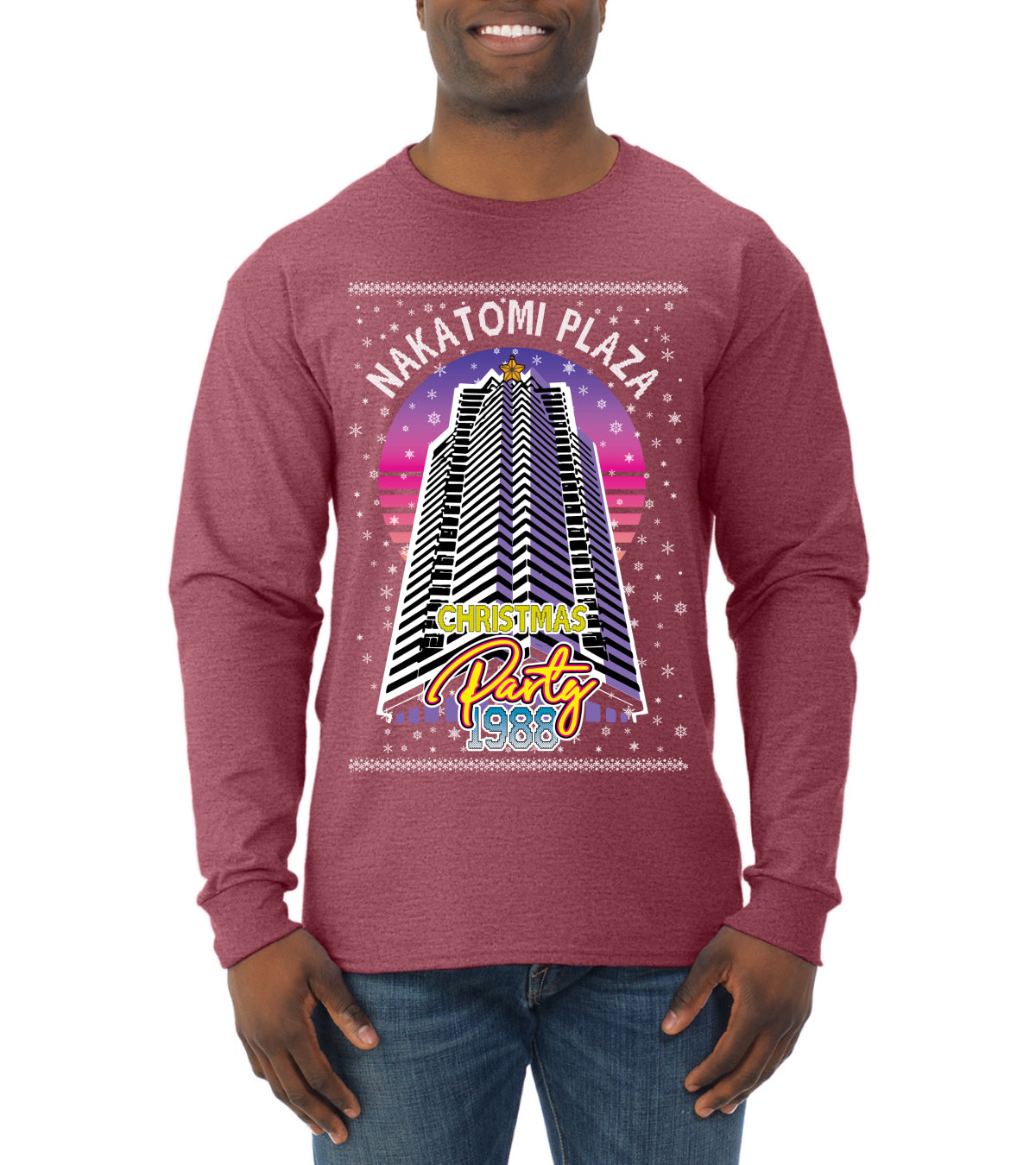 Retro Nakatomi Plaza 1988 Holiday Party, Xmas Movie, Christmas Gifts, Funny Xmas Gift Idea, Ugly Christmas Mens Long Sleeve Shirt