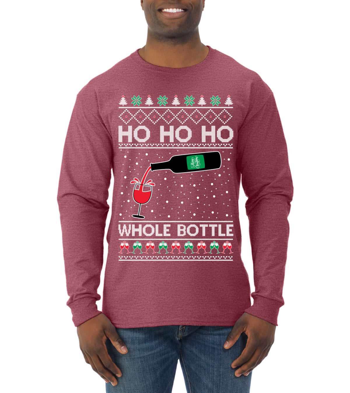 Ho Ho Ho Whole Bottle Wine Spirits, Christmas Gifts, Funny Xmas Gift Idea, Ugly Christmas Mens Long Sleeve Shirt