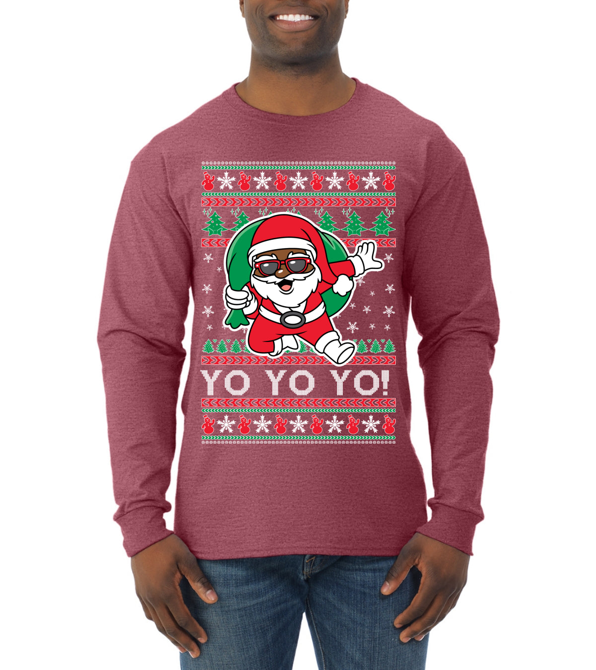 Yo Yo Yo Black Santa, Christmas Gifts, Funny Xmas Gift Idea, Ugly Christmas Mens Long Sleeve Shirt