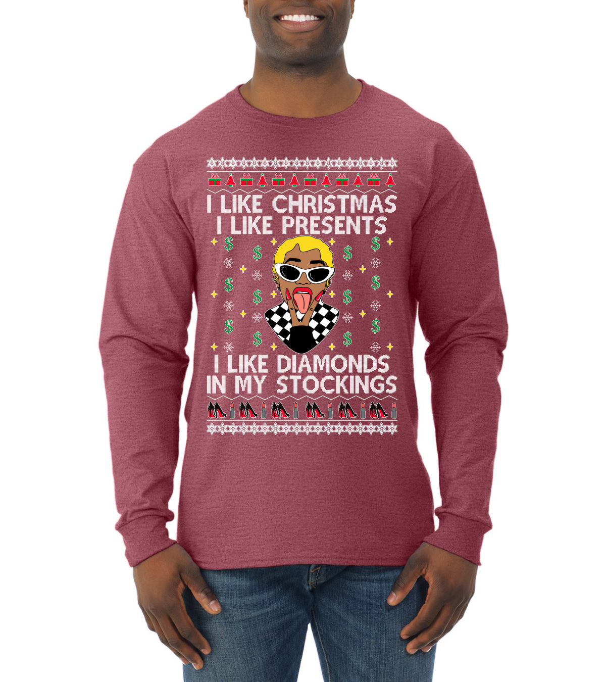 I Like Christmas, I like Presents Cardi, Christmas Gifts, Funny Xmas Gift Idea, Ugly Christmas Sweater Mens Long Sleeve Shirt