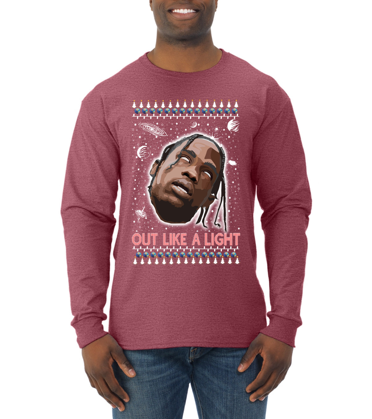 Out Like a Light, Christmas Gifts, Funny Xmas Gift Idea, Ugly Christmas Sweater Mens Long Sleeve Shirt