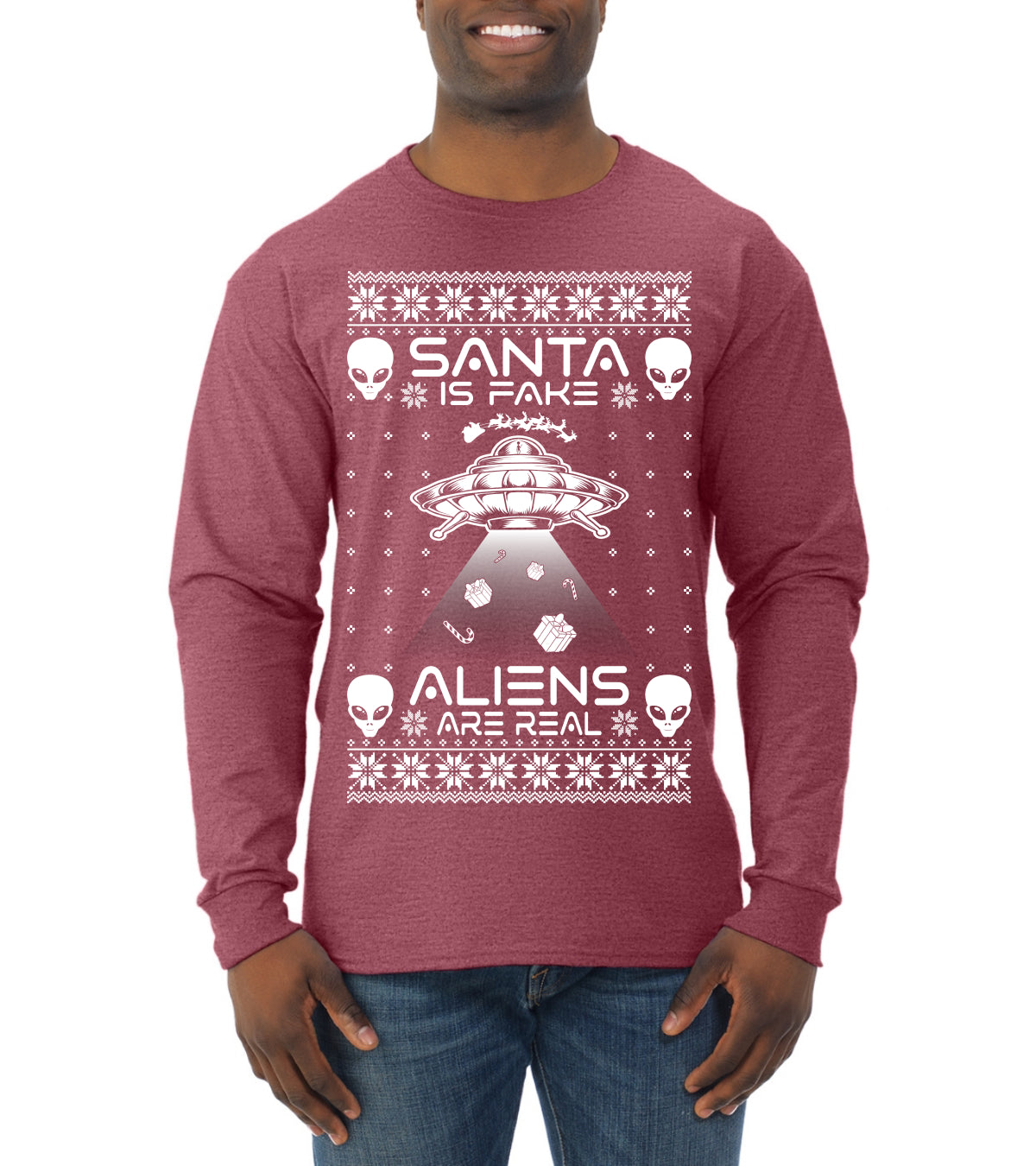 Santa Is Fake Aliens Are Real ,Christmas Gifts, Funny Xmas Gift Idea, Ugly Christmas Sweater Mens Long Sleeve Shirt
